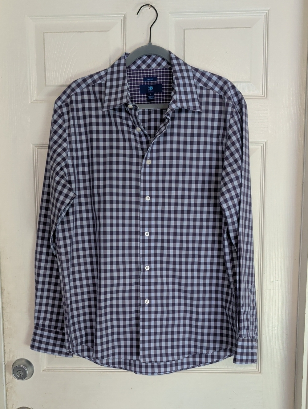 Egara Mens Size L Button Up Dress Shirt Plaid Purple & Blue 100% Cotton